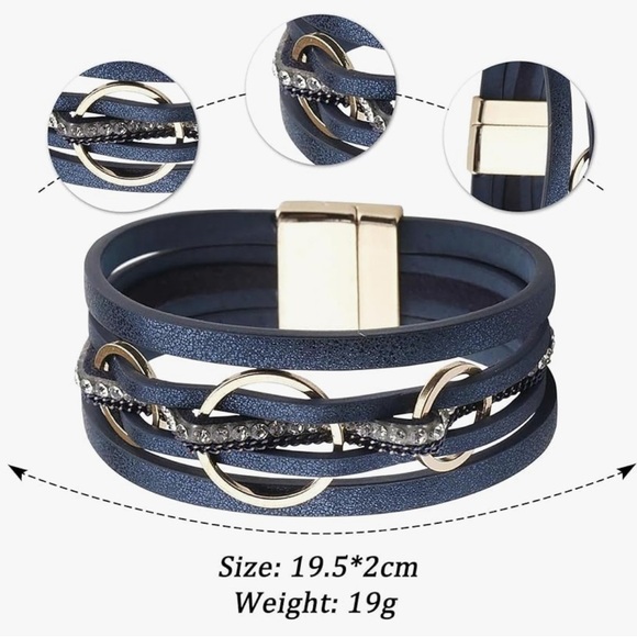 NEW Blue Leather Circle Magnetic Clasp Stackable Style Bracelet - Picture 4 of 6